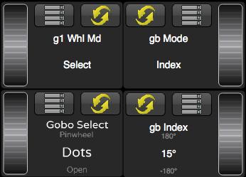 (top left), Gobo Select (bottom left), Gobo Mode (top right) and Gobo Index (bottom right).