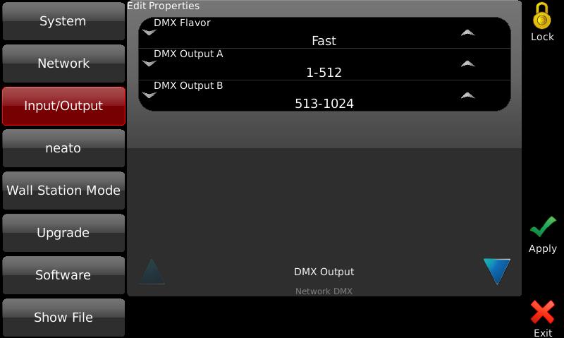 DMX512 Output Setup which port is assigned to which range of DMX slots in the patch in SETUP Input/Output. You can also set the DMX Flavor.