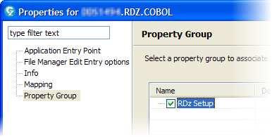 20. In the Properties dialog, click Property Group, and then select the RDz Setup checkbox to assign this property group for use by your RDZ.COBOL PDS.