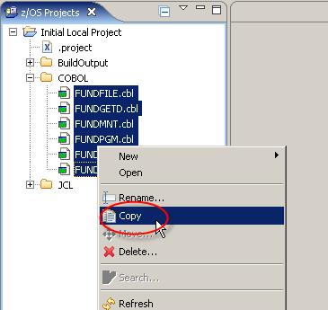 7. Select the COBOL programs in your Initial Local Project project, COBOL subfolder, then right click the