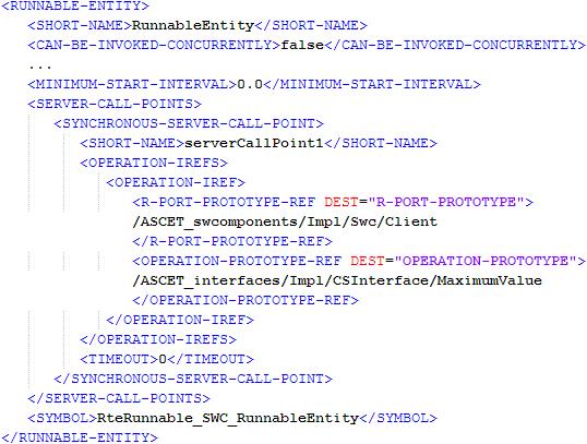 Internal Behavior Listing 83: ARXML code runnable entity with client request (AUTOSAR R3.1.2) Listing 84: ARXML code runnable entity with client request (AUTOSAR R4.0.