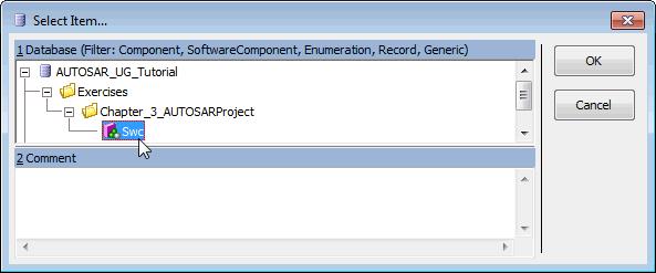 Developing Software Components in ASCET Figure 6: Select item Swc in the project ARProject To generate code in a project: Click OK to close the "Select Item " window and insert Swc into the project.