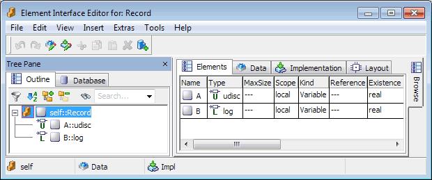 Data Types (AUTOSAR R3.1.5 or Lower) Figure 12: Record with elements A and B To create an implementation of a record: In the record editor, switch from the "Elements" tab to the "Implementation" tab.