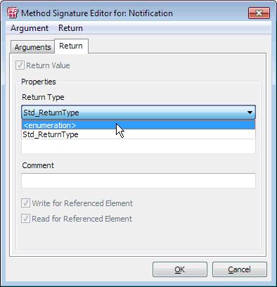 Interfaces Double-clik the operation Notification. The "Method Signature Editor for: Notification" window opens. Go to the "Return" tab and open the "Return Type" combo box.