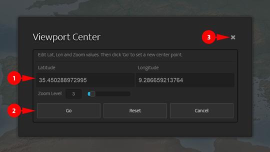 3.2.7 Viewport Center Dialog Box The Viewport Center Dialog displays the geographic coordinates for the center point of the Map Viewport. 1.