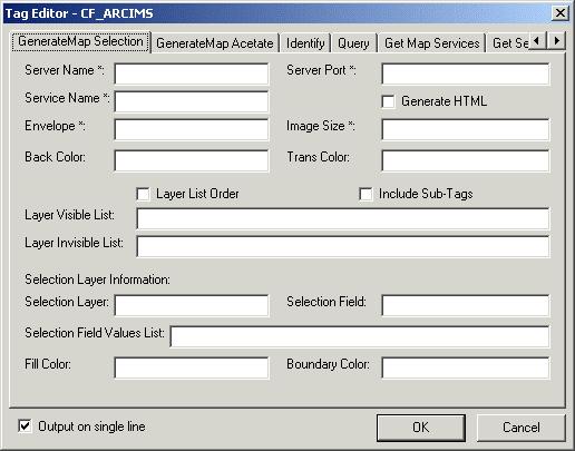 Step 3a: Installing ArcIMS 9.1 Click the <CF_ARCIMS> button. A dialog box opens presenting all the element attributes. Set the tag parameters. Click Apply to see the tag code created in the page.