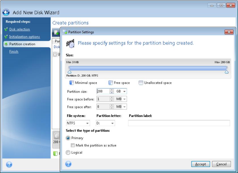 partition letter and label. If you allocate all unallocated space on the disk to the new partition, the Create new partition button disappears. 5.2.3.