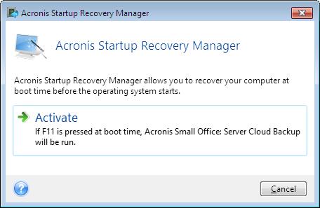 2. Click the Activate button. Attention When Acronis Startup Recovery Manager is activated, it overwrites the master boot record (MBR) with its own boot code.