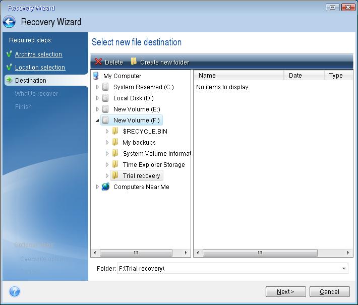 3. At the Recovery Method step, select Recover chosen files and folders. 4. When recovering files with the rescue CD you are able to select only a new location for the files to be recovered.