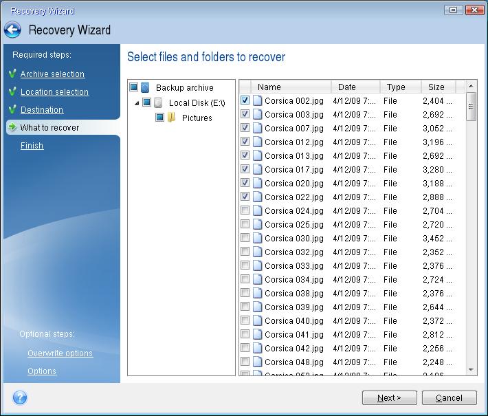 7. Select several files for recovery by selecting their check boxes and then click Next. 8. Click Proceed on the Summary window to start recovery. 9.