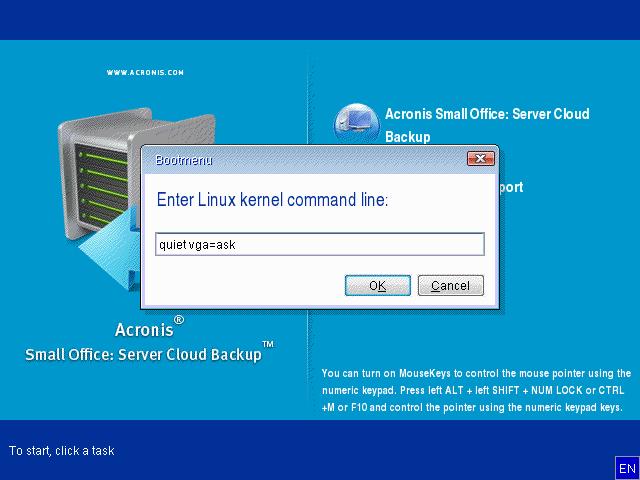 2. When the command line appears, type "vga=ask" (without quotes) and click OK. 3. Select Acronis Small Office: Server Cloud Backup in the boot menu to continue booting from the rescue media.