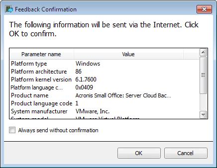 This will open a confirmation window that lists the information to be sent via Internet to the Acronis Knowledge Base. Click OK to permit sending the information.