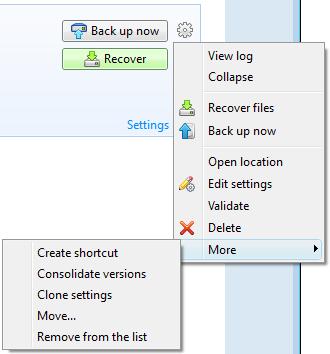 Operations menu Clicking the gear icon in the box of a selected backup or right-clicking in the free area of the box opens an Operations menu containing the following items: View log - click to open