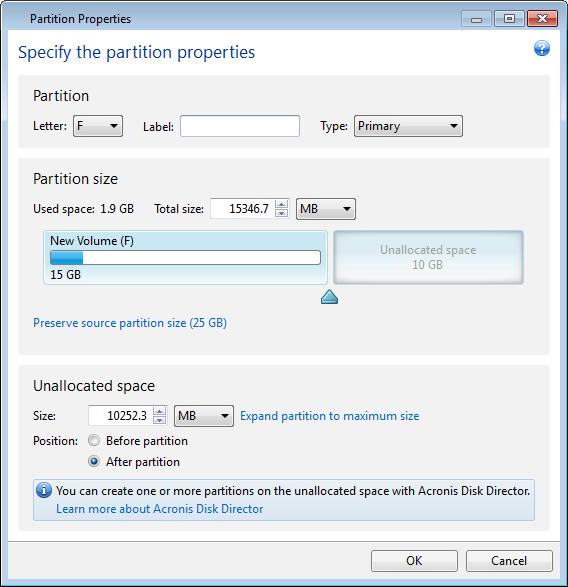 Remember that you need to leave as much unallocated (free) space after having resized the partition as will be needed for the remaining partition. Select a disk letter and partition type.