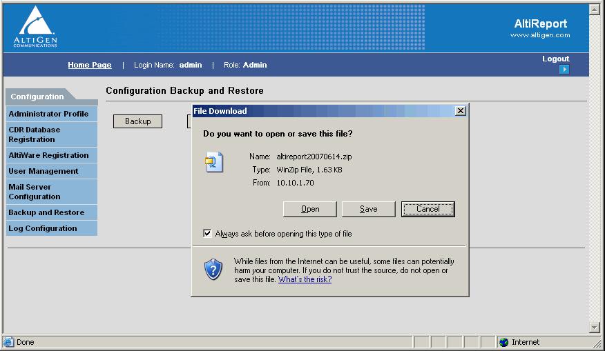 Configuration windows. Figure 12. Backup and Restore window When you click Backup, a File Download dialog box opens.