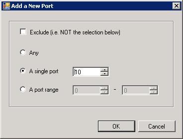 2. Add a New Port by selecting Any, to choose all ports; A single port and defining the required port in the combo box beside; A port range and typing the start and end port numbers in the respective