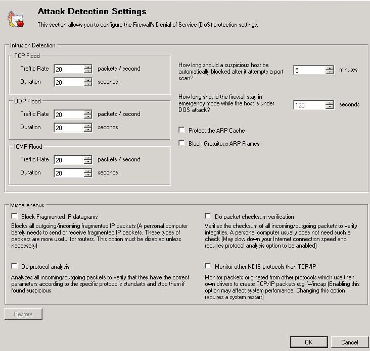The Attack Detection Settings area allows to configure the protection parameters in two sections: Intrusion Detection tab Miscellaneous tab Intrusion Detection tab Options - Intrusion Detection