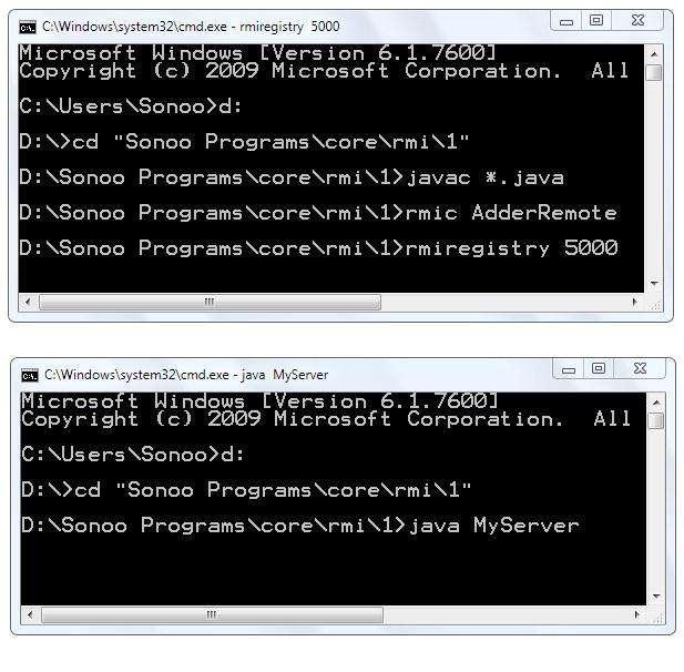 13. rmiregistry 5000 14. 15. 4)start the server in another command prompt 16. 17. java MyServer 18. 19.