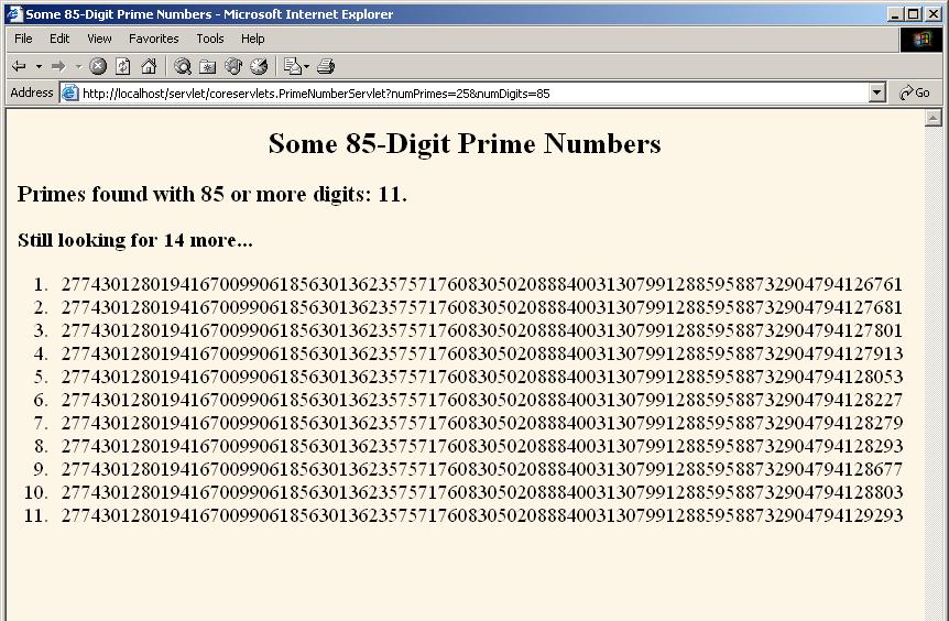 Figure 7 4 Intermediate results of the prime-number-generation servlet.