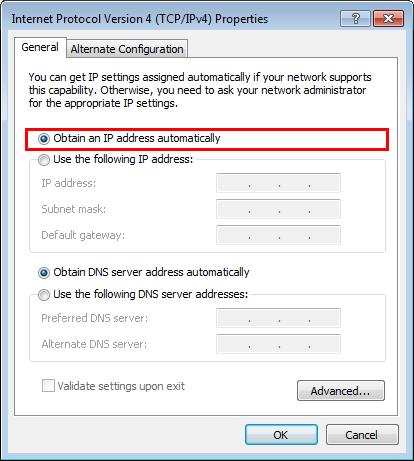 5. Make the following settings according to the IP address setting you made in "Set on the devices." Auto IP or DHCP Click [Obtain an IP address automatically].