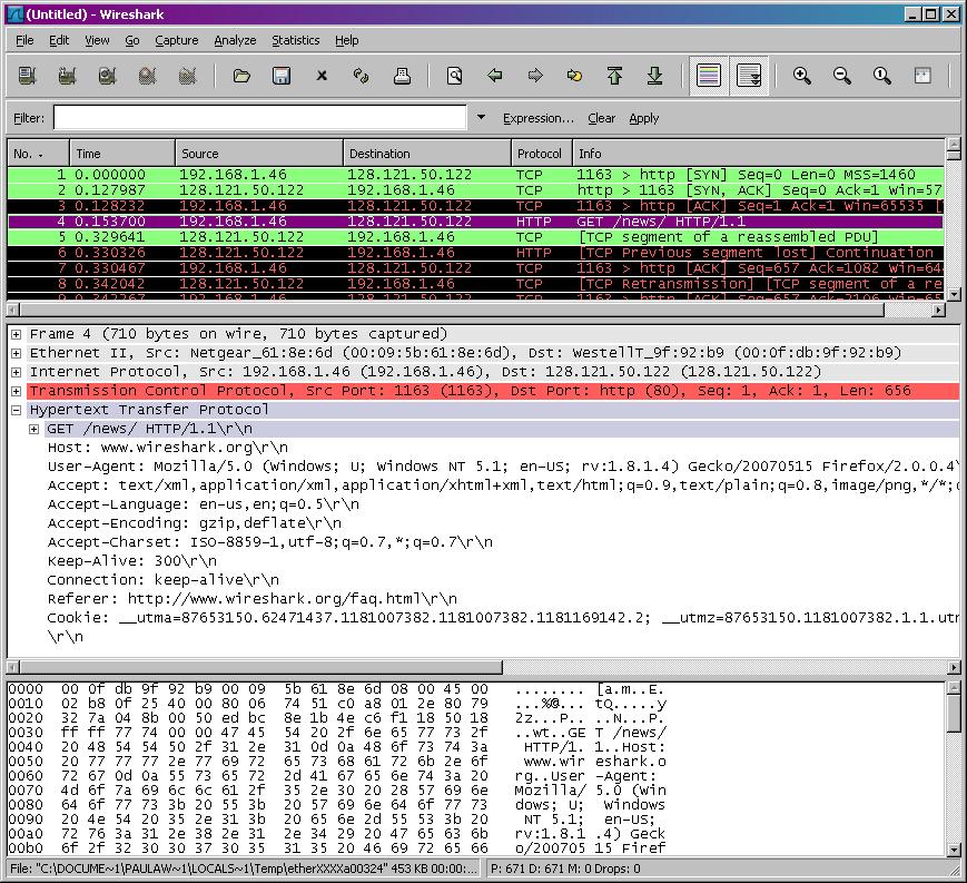 Running Wireshark When you run the Wireshark program, the Wireshark graphical user interface shown in Figure 2 will de displayed. Initially, no data will be displayed in the various windows.