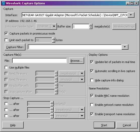 Figure 3: Wireshark Capture Options Window 4. You can use most of the default values in this window, but uncheck Hide capture info dialog under Display Options. The network interfaces (i.e., the physical connections) that your computer has to the network will be shown in the Interface pull down menu at the top of the Capture Options window.