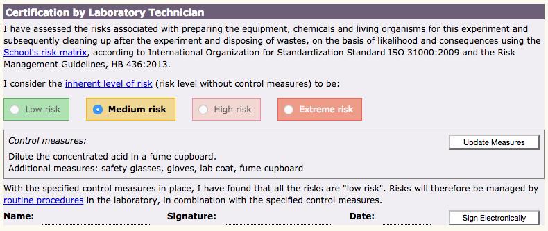 As classroom experiments with a high or extreme level of inherent risk have the greatest potential to cause injuries, it is important that an authorized person check that adequate control measures