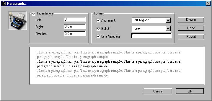 Chapter 5 Formatting Text Setting paragraph formats using the Paragraph Dialog Box Using the Paragraph dialog box you can define various formats for a paragraph: The left and right margins The first