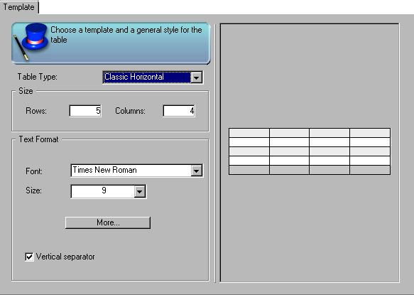 Managing Tables The Template Page The Template page is the default page on which the table wizard opens: This page consists of three