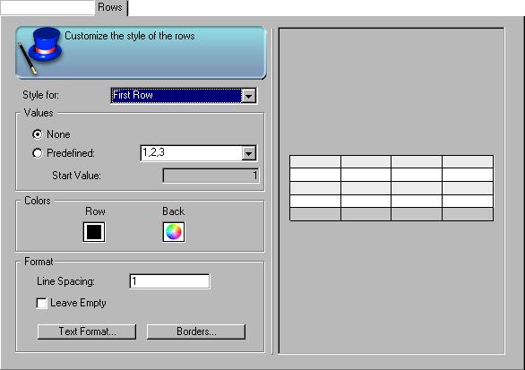 Managing Tables The Rows Page The Rows page is the page in which you define the style, the color and the automatic contents for rows: This page consists of three main interface elements: The Style