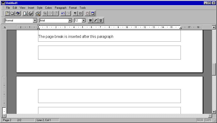 Creating a Page Break In the Page View mode, a new page is created as shown. All text to the right of and below the insertion point moves to the top of the next page.