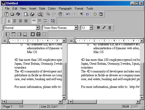 The 4D Write Window Splitting the 4D Write window 4D Write allows you to split the text area into several panes.