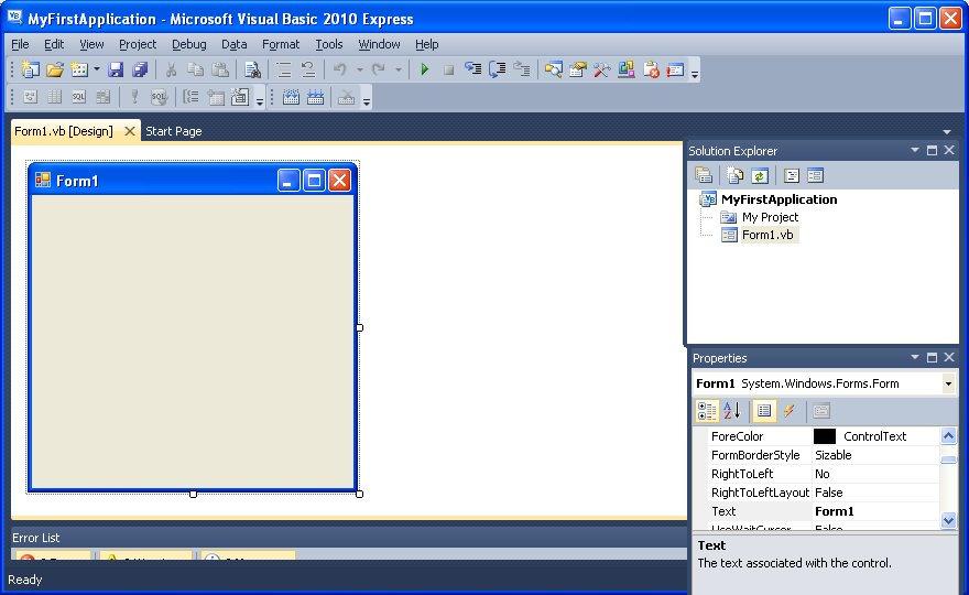 14 Figure 1.3: VB2010 IDE with A New Form Form-The Form is the first place to build your application. It is the place to design the user interface.