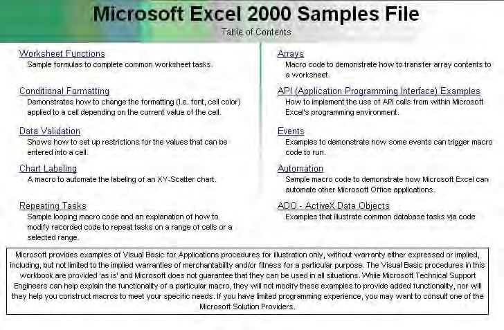 5.4. Các file ví dụ Sách Lập trình Excel bằng VBA Excel đưa ra một số file ví dụ có tên là Samples.xls. Hầu hết đối với mỗi phiên bản Excel khác nhau thì đường dẫn đến file này cũng khác nhau.
