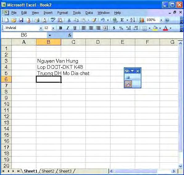 Điều kiện để có thể tiến hành ghi macro: 1. Bảng tính Excel hiện hành (Activate Excel). 2. Sử dụng Workbook mới. 1.1. Ghi macro trong trường hợp sử dụng tham chiếu địa chỉ ô tuyệt đối Bạn hãy ghi lại macro trình bày tên bạn và địa chỉ như sau: 1.
