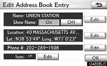 NAVIGATION SYSTEM: MEMORY POINTS (b) Editing address book entries The icon, name, location and/or telephone number of a registered address book entry can be edited. 1.
