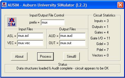 AUSIM L2.2 by C. E. Stroud page 8 a) processing ASL file b) simulation Figure 3. AUSIM version L2.2 5. SUMMARY The AUSIM logic simulator has been described from a user's standpoint.