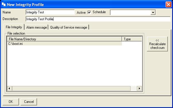 The dialog contains some general properties and three main tabs - File Integrity, Alarm message, Quality of Service message: The File Integrity Tab This tab lets you specify one or more files to be