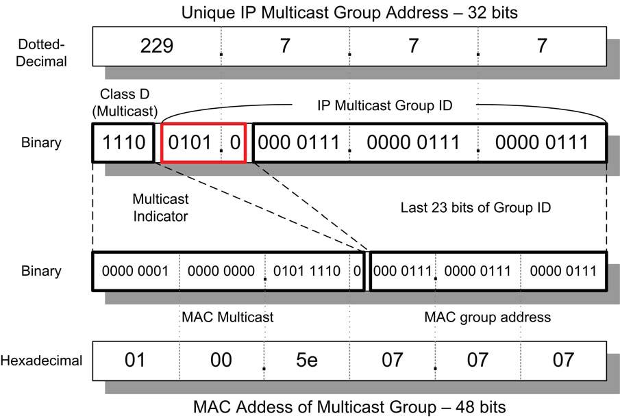 Because the center set of boxed bits in the binary representation of the IP address is not mapped to any bits in the MAC address, the MAC addresses of multicast groups are not unique to an IP