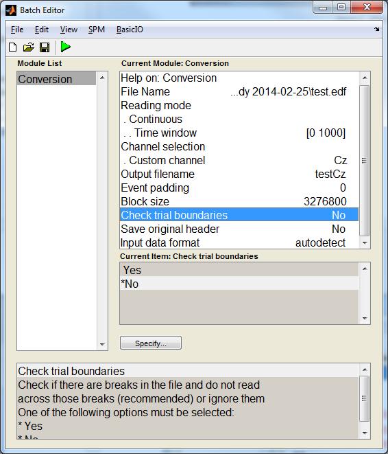 Figure 5: Batch Editor for EEG file conversion with options changed 5 DISPLAY THE SPM (EEG) FILE A SPM EEG file can be displayed in the Graphics window shown in Figure 6.