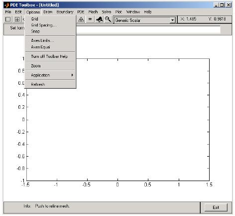 Laboratory: Getting started with MATLAB PDE Toolbox To get started, launch MATLAB by double-clicking the icon on the desktop. Once there, you can type "pdetool" at the prompt.
