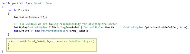 Let s get rid of the red squiggly line under Form1_Paint: enter the following as a new method after the constructor: Notice that the red squiggly line under Form1_Paint in the constructor is now gone.