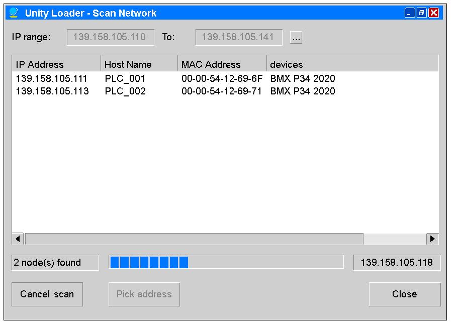 Scan Network Dialog Box Overview Clicking the Scan... button opens this dialog box. Network scanning helps you to detect IP addresses of Modicon M340, M580, and Momentum PLCs in the network.