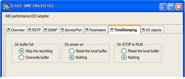 Configuration and Programming with Unity Pro Time Stamping RIO Drop Adapter Time Stamping Function The BMECRA31210 and BMXCRA31210 adapter modules have a 10 ms time stamping function.