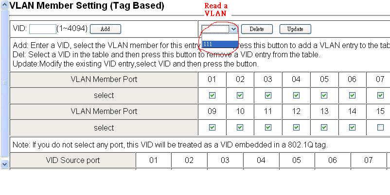 Tag based VLAN Add a VLAN: Enter a VID, select the VLAN member and click the VID source port. Finally press add button. The VLAN will be added to the list.