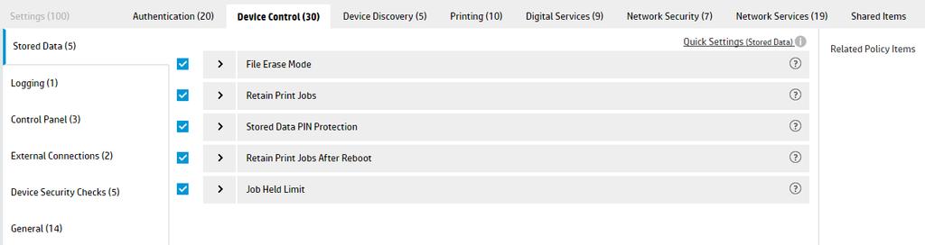 Device Control Device Control settings assist with security related to print jobs, specific device functionality and local device access.