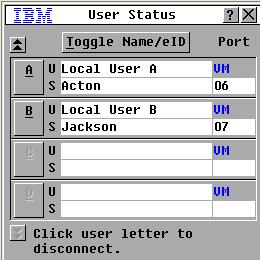 34 Local Console Manager Installation and User s Guide Figure 3.11: User Status window To view current user connections, click Commands > User Status. The User Status window opens.