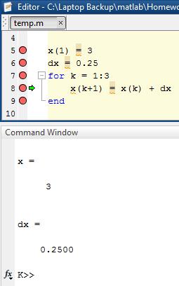Debugging Tool: Click on the Continue button to step through the program. The values of the variables appear in the Command Window.