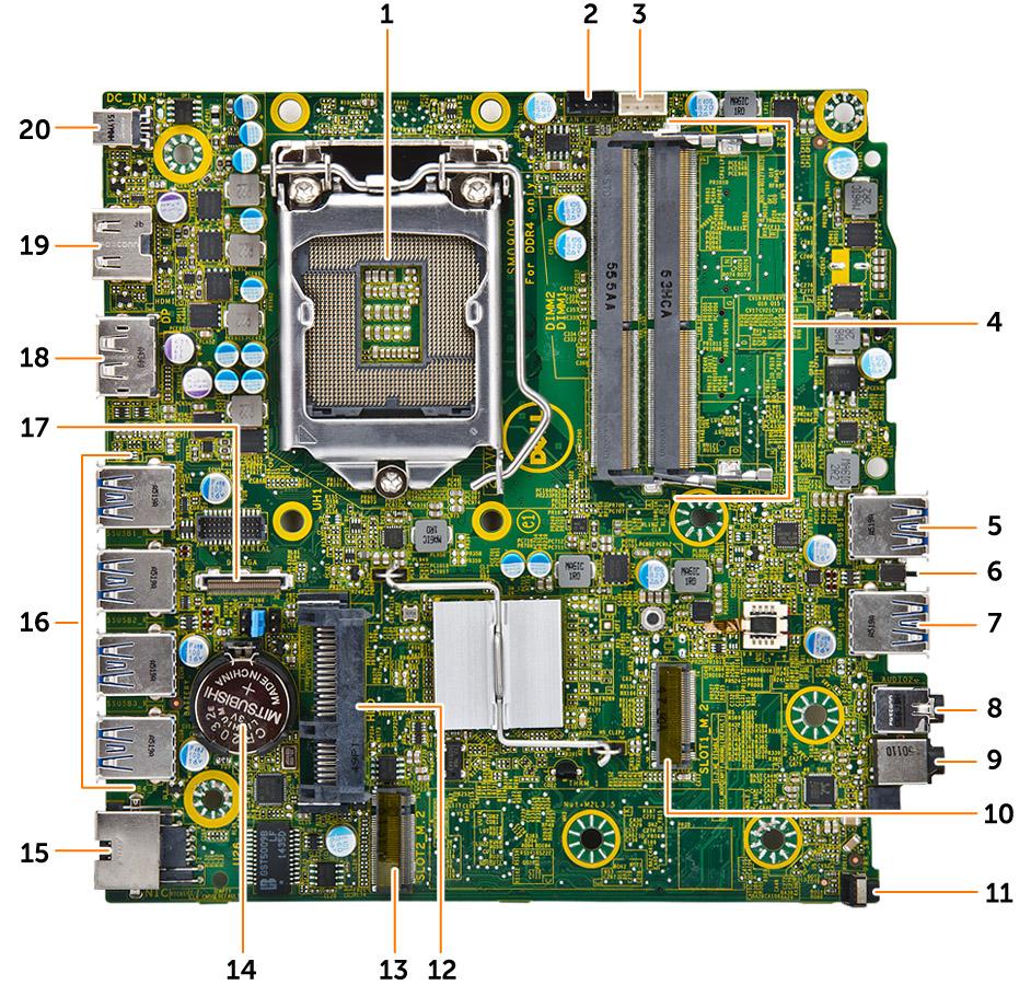 System board layout 1. Processor 2. CPU fan connector 3. Internal speaker connector 4. Memory module connectors 5. USB 3.0 connector 6. Intrusion switch 7. USB 3.0 connector 8. Line out connector 9.