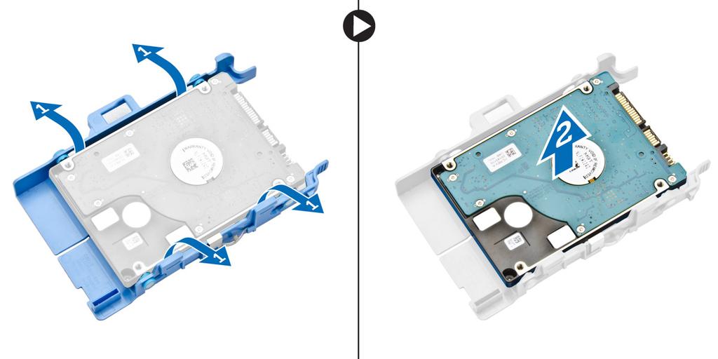 Installing the hard drive into the hard drive bracket 1. Align and insert the pins on the hard drive bracket with the slots on one side of the hard drive. 2.